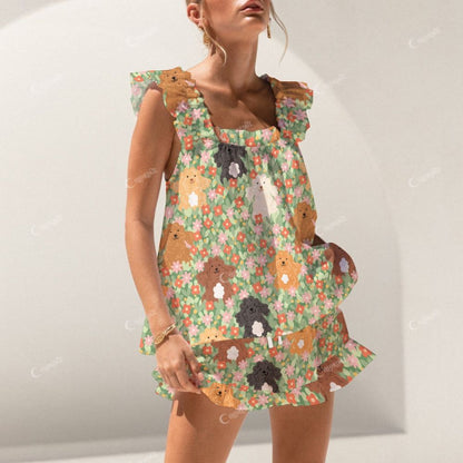 Colordate Flower Beds And Puppy Prints Short Tank Top Shorts Pajama Set