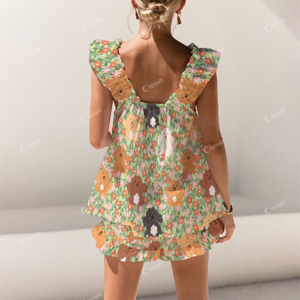 Colordate Flower Beds And Puppy Prints Short Tank Top Shorts Pajama Set