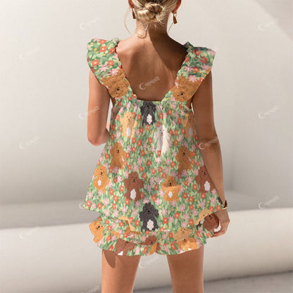 Colordate Flower Beds And Puppy Prints Short Tank Top Shorts Pajama Set