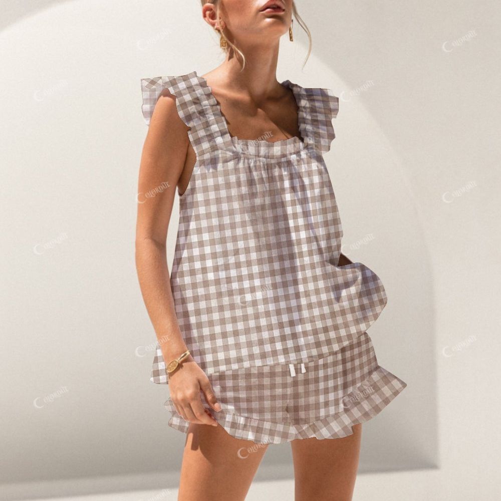 Colordate Brown Checkered Print Short Tank Top Shorts Pajama Set