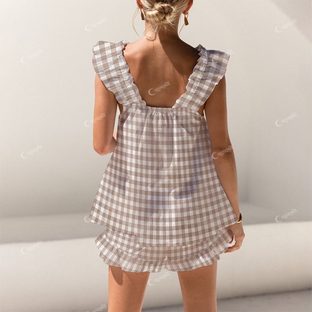 Colordate Brown Checkered Print Short Tank Top Shorts Pajama Set