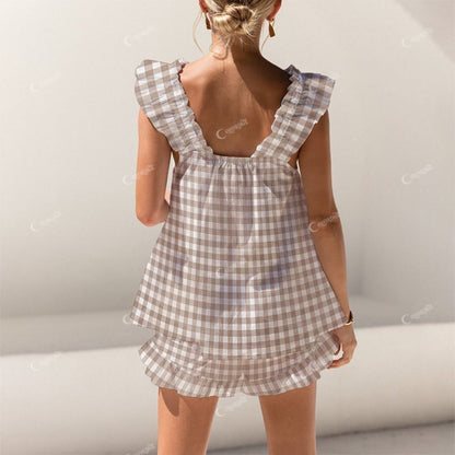 Colordate Brown Checkered Print Short Tank Top Shorts Pajama Set