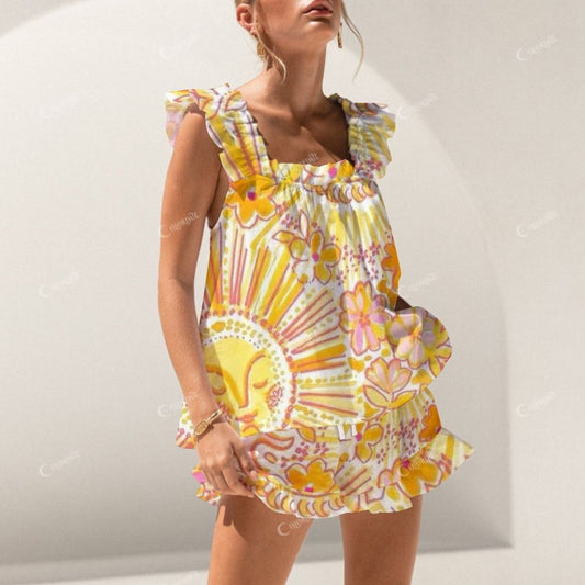 Colordate Sun And Flowert Print Short Tank Top Shorts Pajama Set