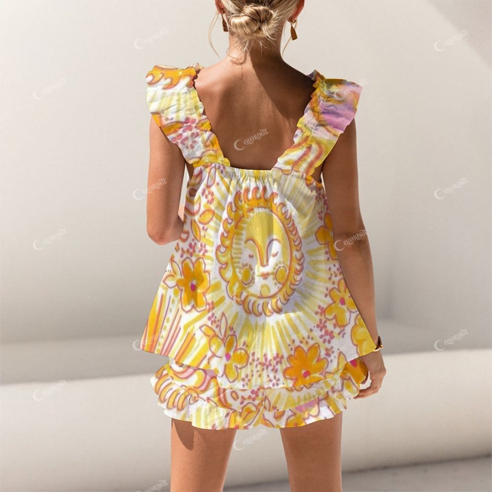 Colordate Sun And Flowert Print Short Tank Top Shorts Pajama Set