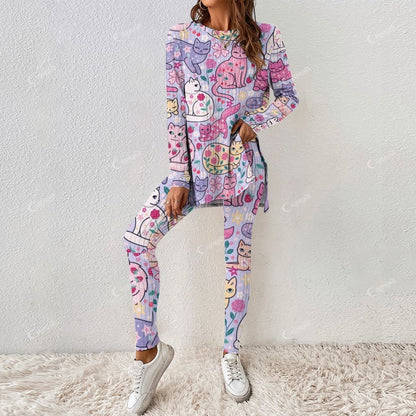 Colordate Women's Cat With Flower Print Long Sleeve Suit