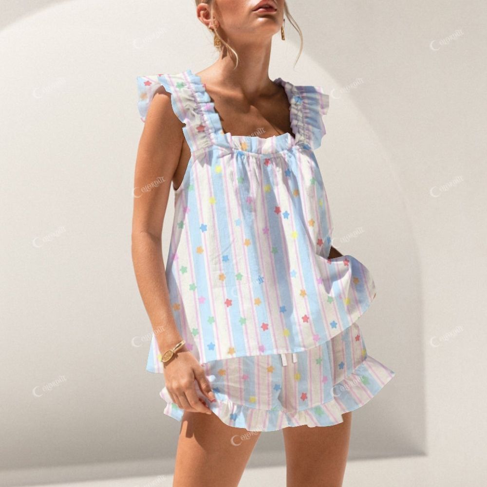 Colordate Colorful Stars And Striped Prints Short Tank Top Shorts Pajama Set