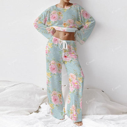 Colordate Women's Flower Print Long Sleeve Cotton Homewear Set