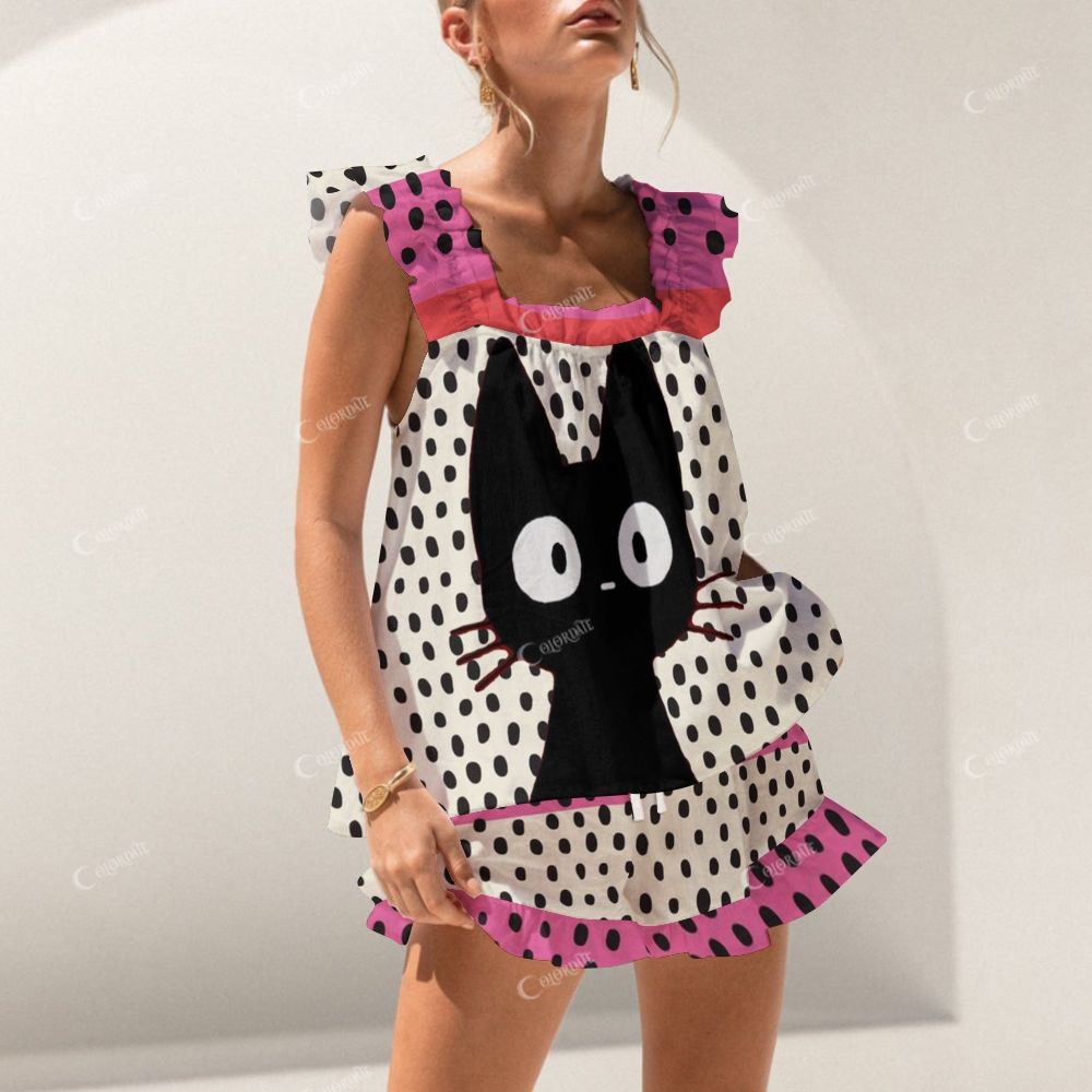 Colordate Black Cat Print Short Tank Top Shorts Pajama Set