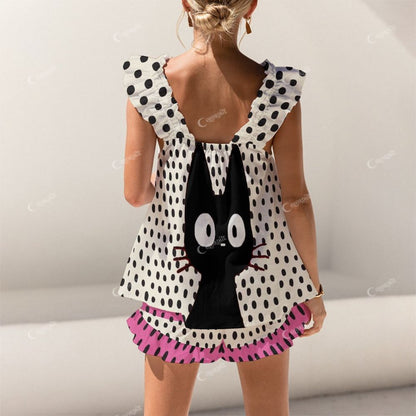 Colordate Black Cat Print Short Tank Top Shorts Pajama Set
