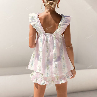 Colordate Floral Striped Print Short Tank Top Shorts Pajama Set