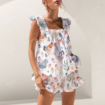Colordate Chicks And Floral Prints Short Tank Top Shorts Pajama Set