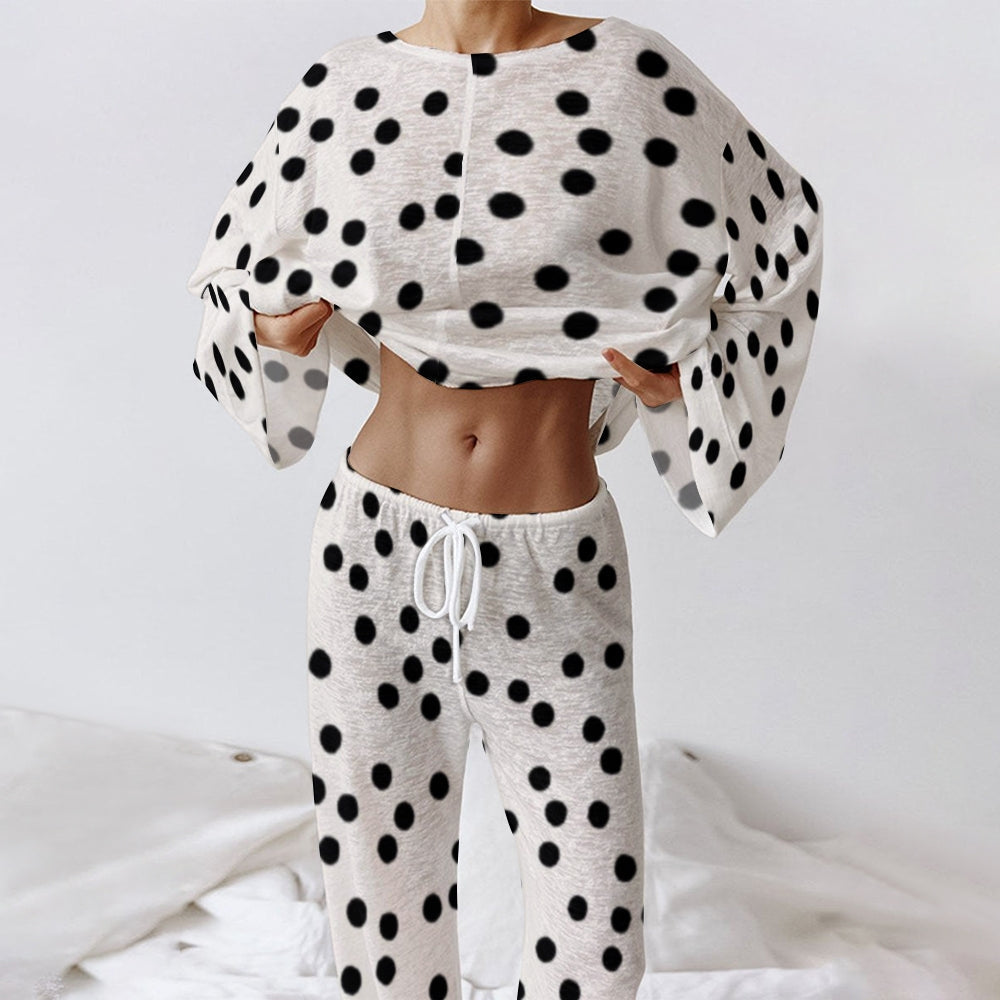 Women's Black Polka Dot Printed Loose Wide Loungewear Set
