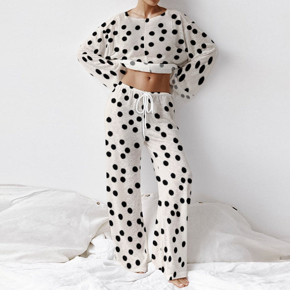 Women's Black Polka Dot Printed Loose Wide Loungewear Set