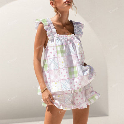 Colordate Checkered Patchwork Print Short Tank Top Shorts Pajama Set