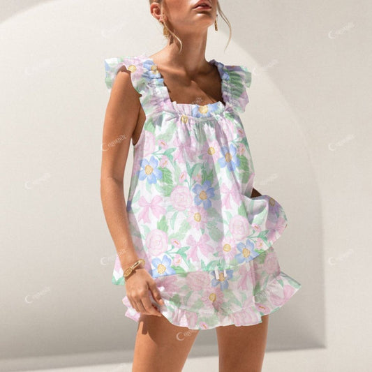 Colordate Blue And Pink Flower Print Short Tank Top Shorts Pajama Set