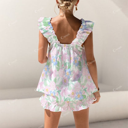 Colordate Blue And Pink Flower Print Short Tank Top Shorts Pajama Set