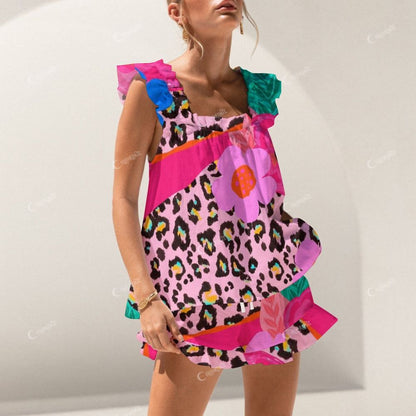Colordate Leopard Print And Floral Prints Short Tank Top Shorts Pajama Set