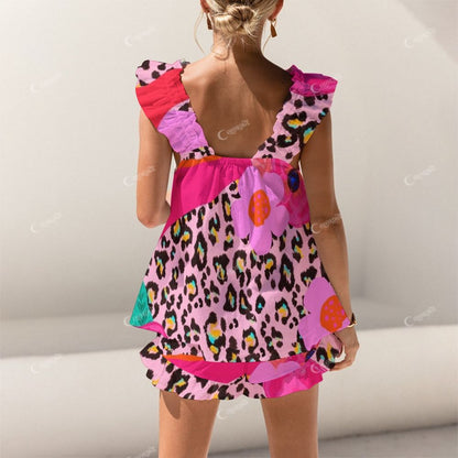 Colordate Leopard Print And Floral Prints Short Tank Top Shorts Pajama Set