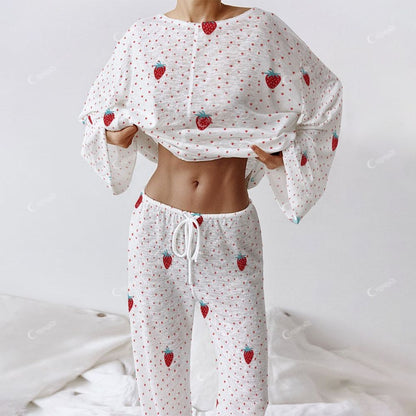 Colordate Women's Strawberry Print Long Sleeve Cotton Homewear Set