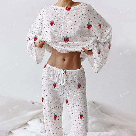 Colordate Women's Strawberry Print Long Sleeve Cotton Homewear Set