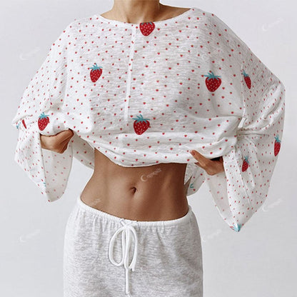 Colordate Women's Strawberry Print Long Sleeve Cotton Homewear Set