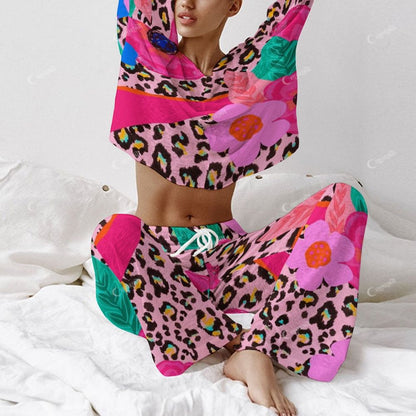 Colordate Women's Floral And Leopard Print Long Sleeve Cotton Homewear Set