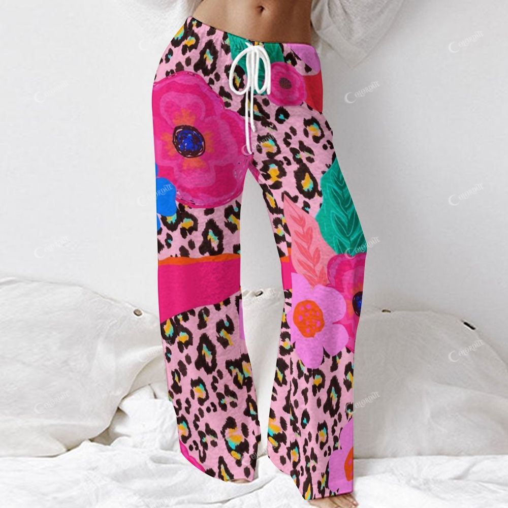 Colordate Women's Floral And Leopard Print Long Sleeve Cotton Homewear Set