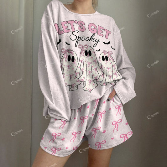 Colordate Bow Little Ghost Print Long-Sleeved Shorts Loungewear Set