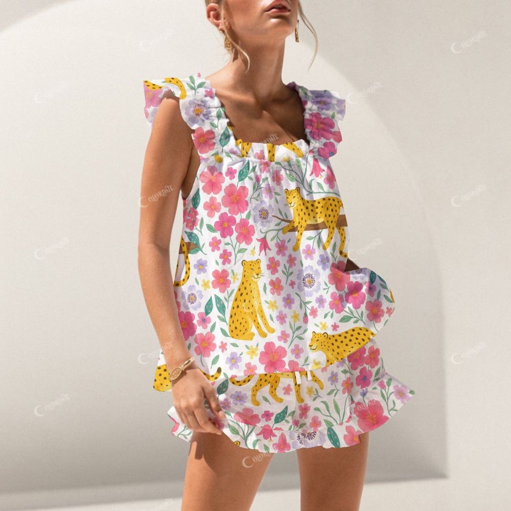 Colordate Tiger And Floral Prints Short Tank Top Shorts Pajama Set