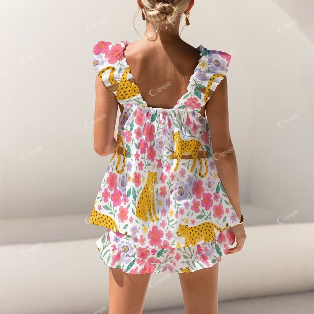 Colordate Tiger And Floral Prints Short Tank Top Shorts Pajama Set