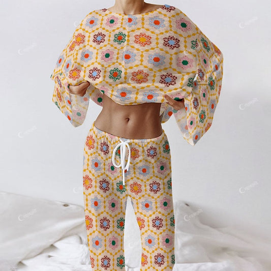 Colordate Women's Pattern Printing Long Sleeve Cotton Homewear Set
