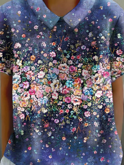 Women's Gradient Floral Print Casual Cotton And Linen Short Sleeve Shirt