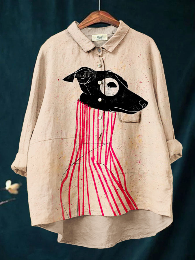 Women's Colorblock Line Puppy Print Casual Cotton And Linen Shirt