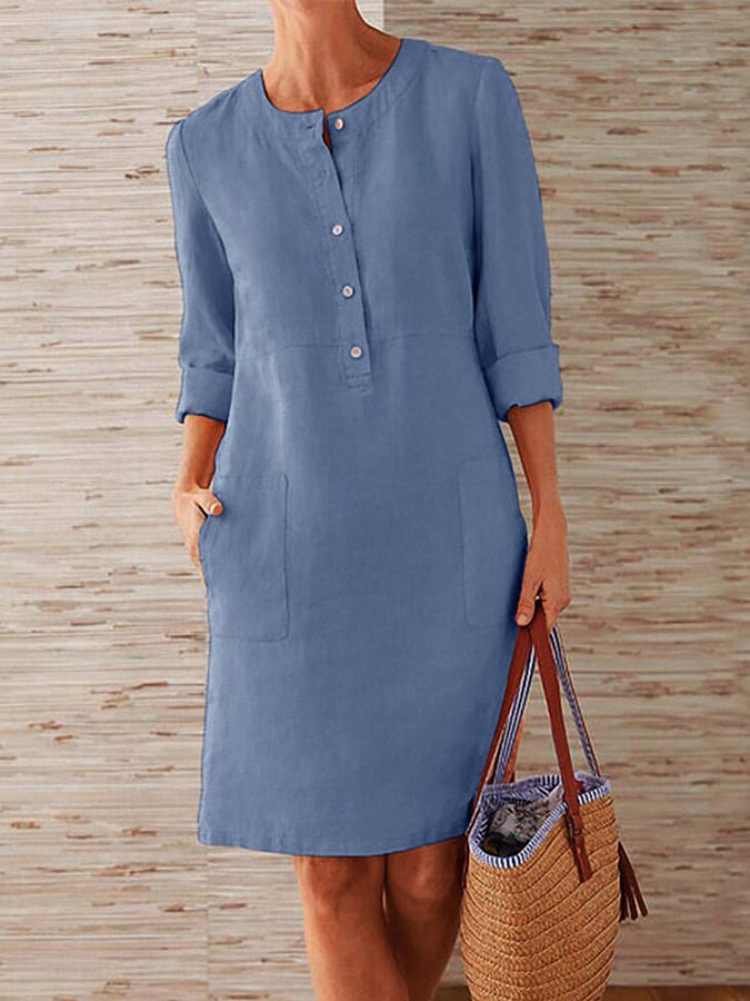 Ladies Cotton Linen Round Neck Long Sleeve Dress