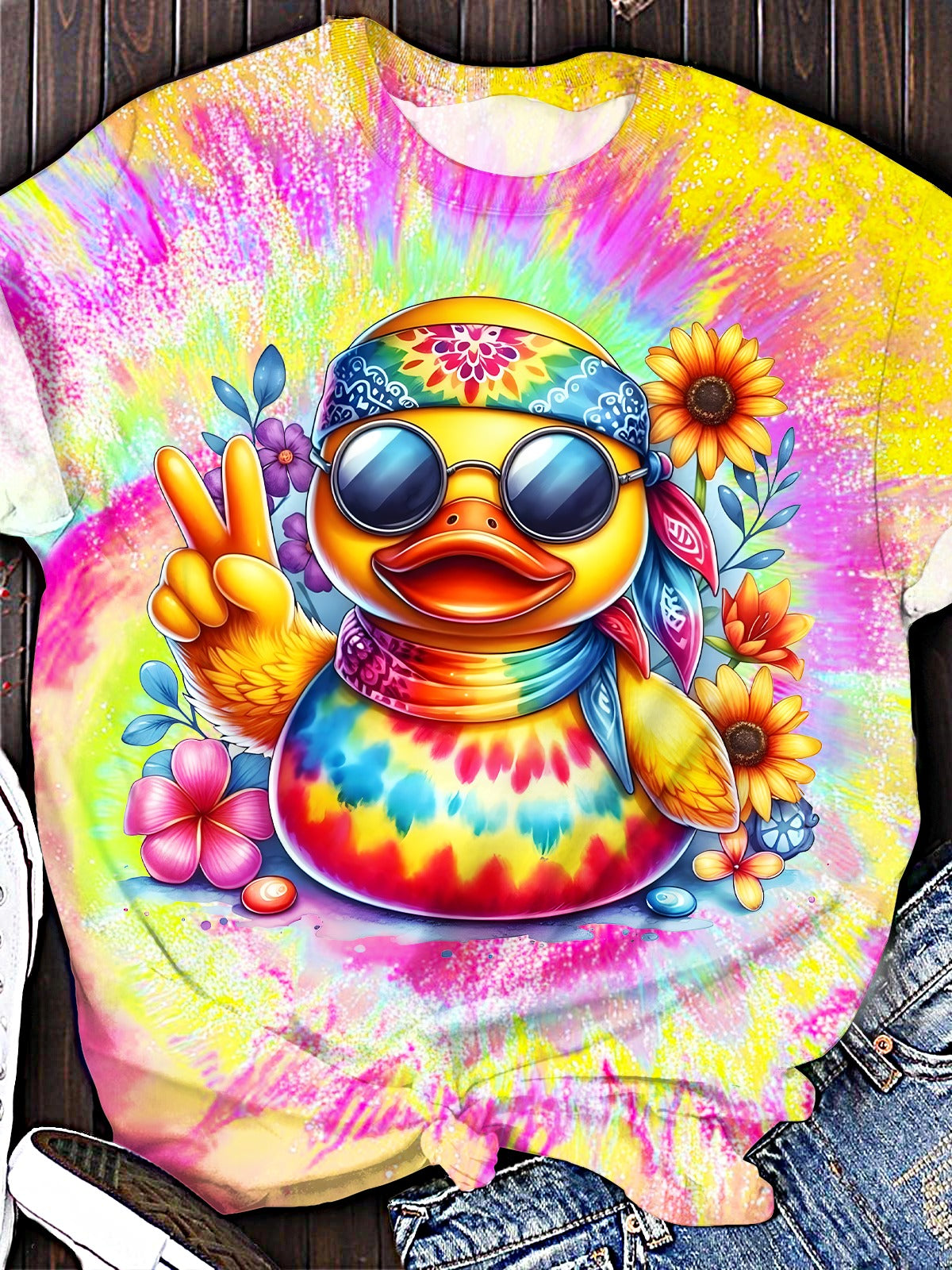 Colorful Tie-dyed Cute Hippie Duck Crew Neck T-shirt