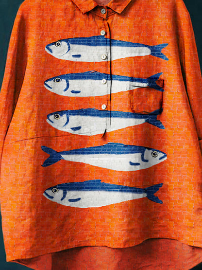 Women's Colorblock Fish Print Casual Cotton And Linen Shirt