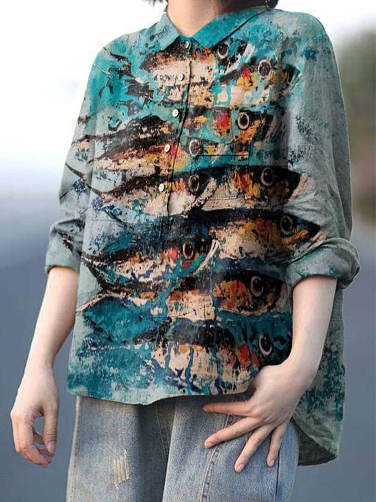 Women's Casual Fish Print Cotton And Linen Shirt