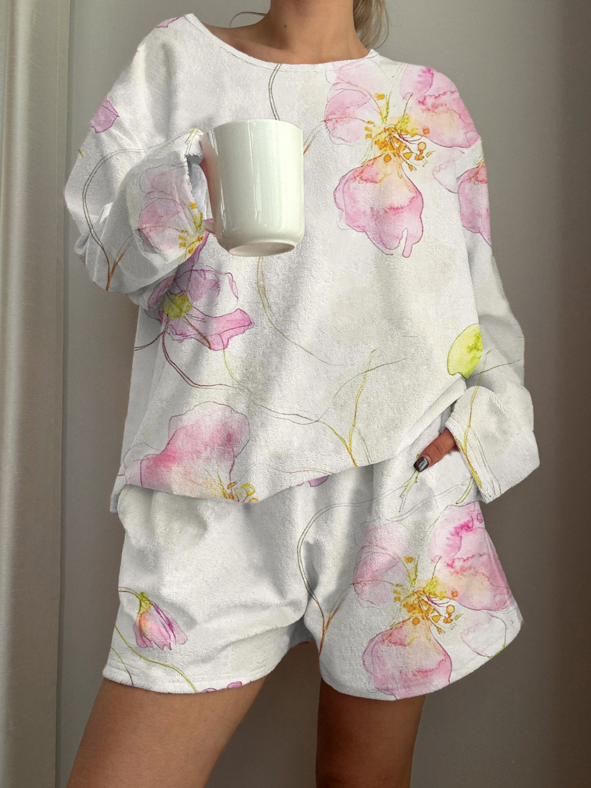 Watercolor Floral Printed Long-Sleeved Shorts Loungewear Set