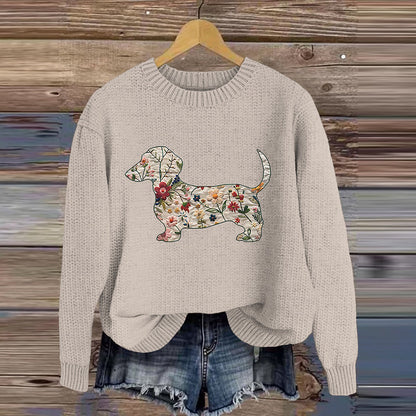 Vintage Classic Dachshund In Floral Art Inspired Embroidered Cozy Knit Sweater