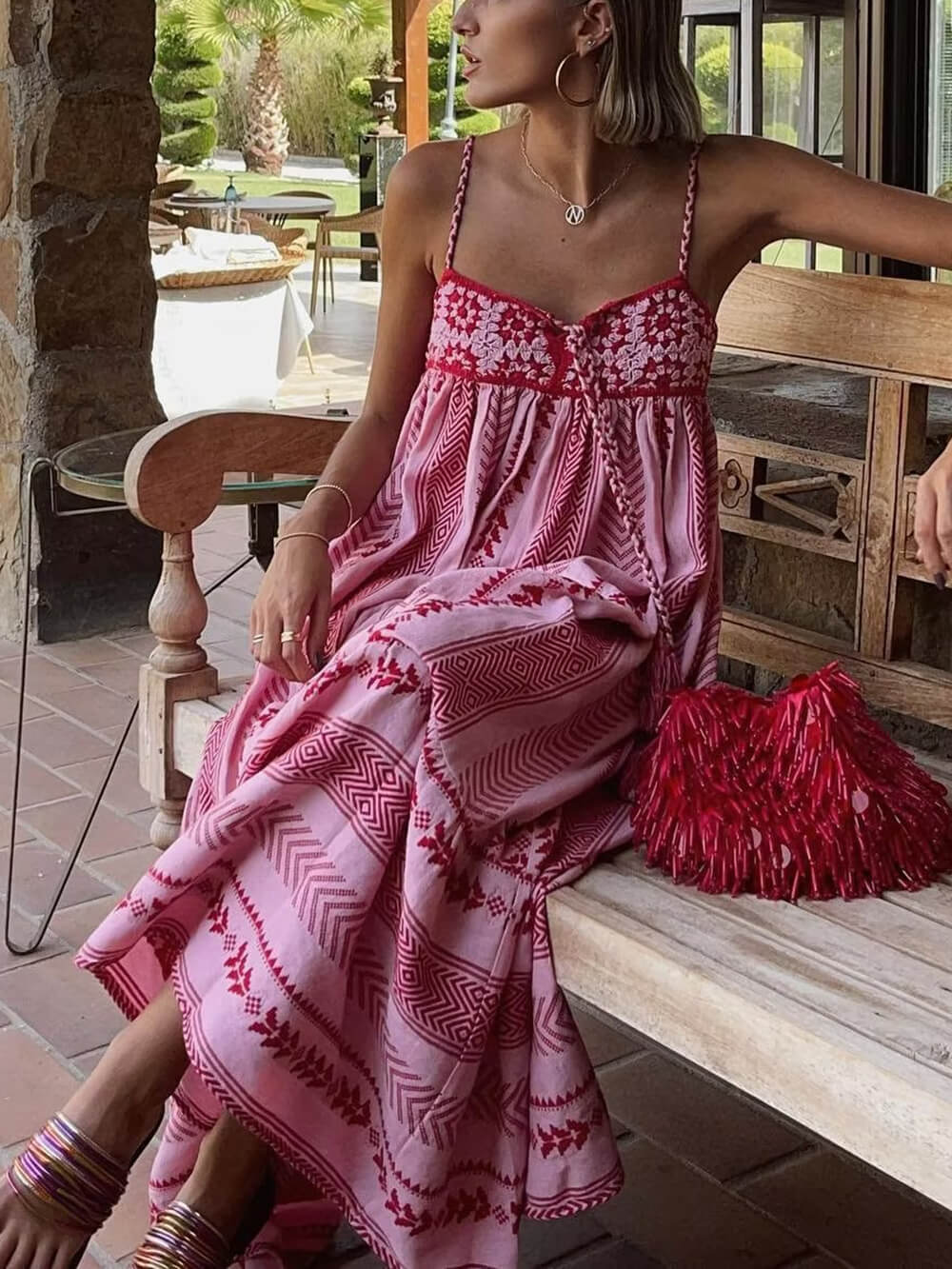 Ethnic Style Crochet Patchwork Knitted Slip Maxi Dress