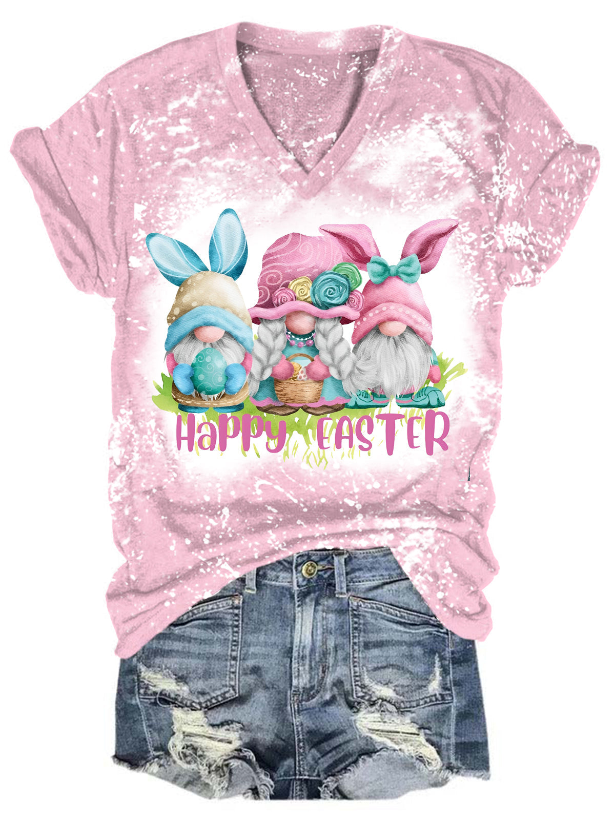 Happy Easter Bunny Gnome Bleaching V Neck T-shirt