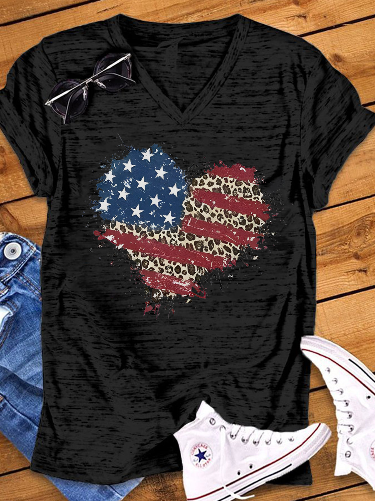 American Flag Heart Print V Neck T-shirt