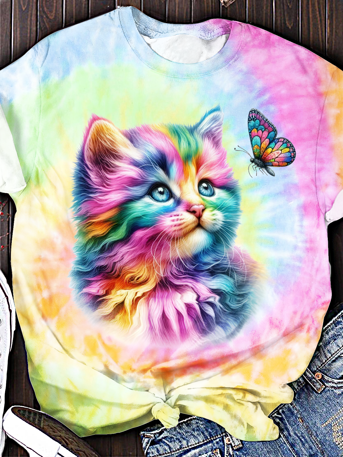 Cute Cat And Butterfly Crew Neck T-shirt
