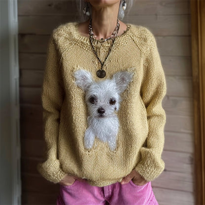 Vintage Fuzzy White Chihuahua Dog Cozy Knit Sweater