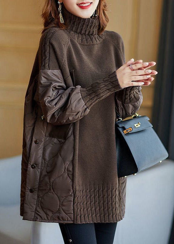 Simple Coffee Turtleneck Patchwork Loose Fall Knit sweaters