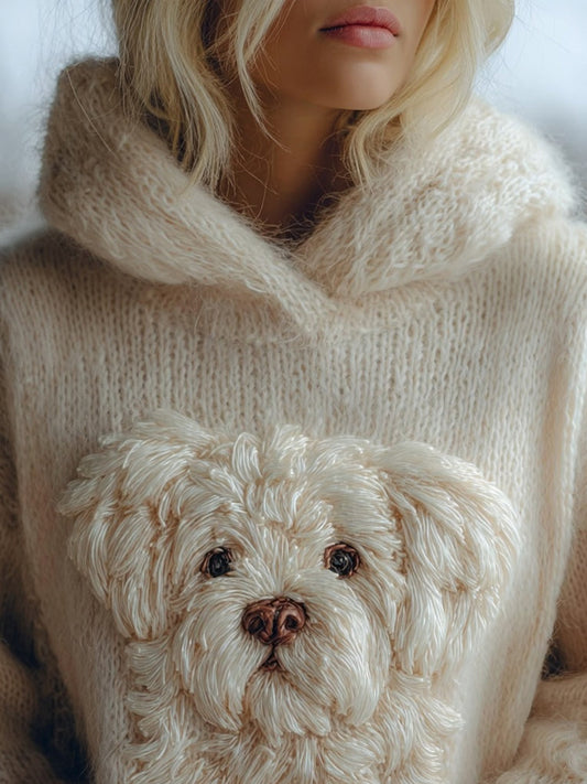 Cute Fuzzy Dog Embroidered Cozy Hooded Sweater