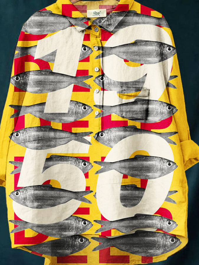 Women's Yellow Fish Print Casual Cotton And Linen Shirt