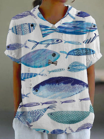 Women's Fish Art Print Casual Cotton And Linen Short Sleeves Shirt