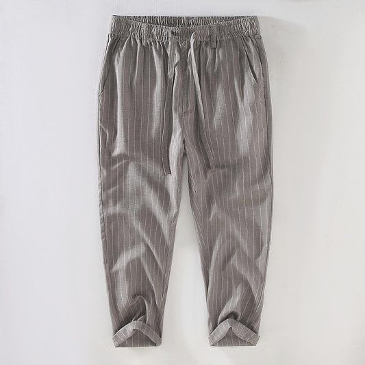 Men's Linen Striped Drawstring Cropped Pants