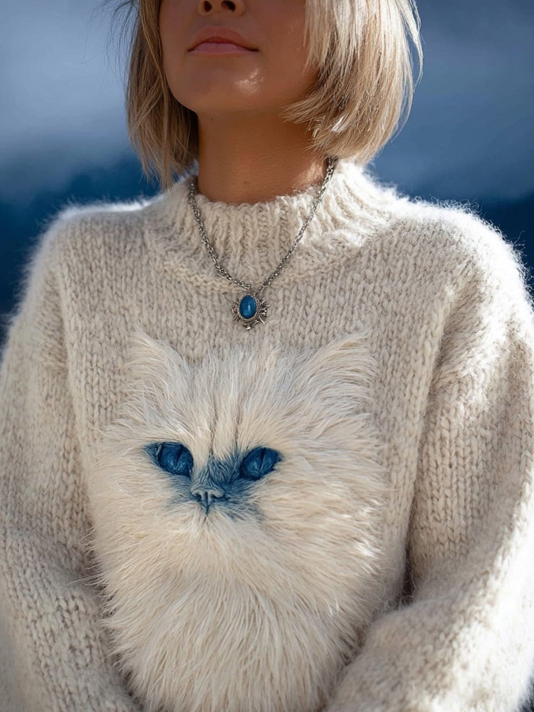 Pretty Fuzzy Cat Embroidered Soft Cozy Knit Sweater
